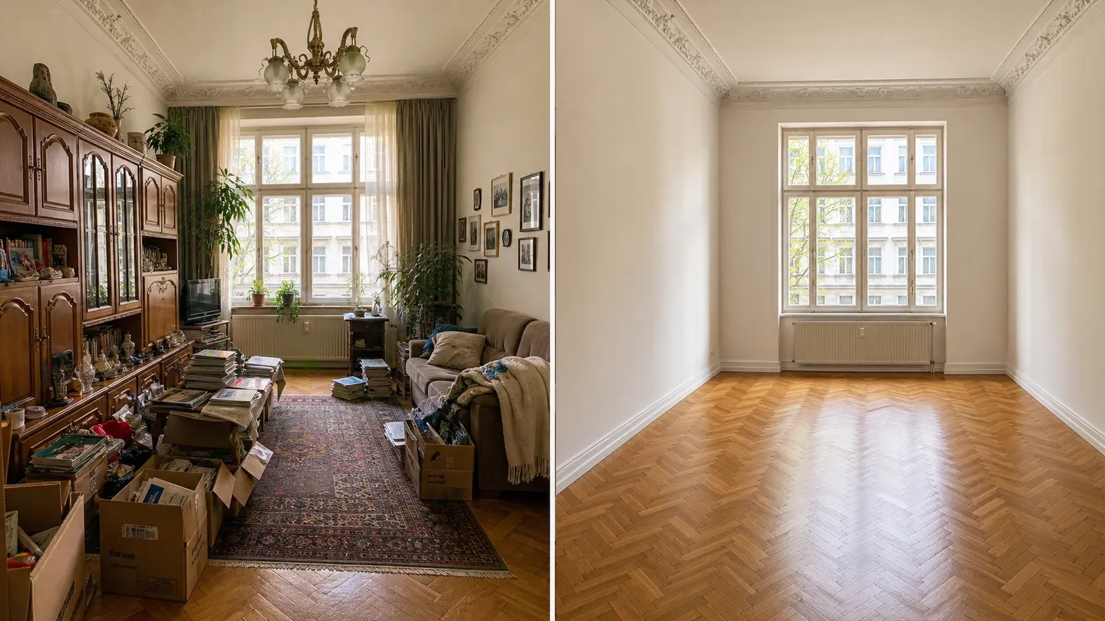 Wohnzimmer einer Altbauwohnung vor und nach einer Räumung, links vollständig eingerichtet, rechts leer und besenrein übergeben