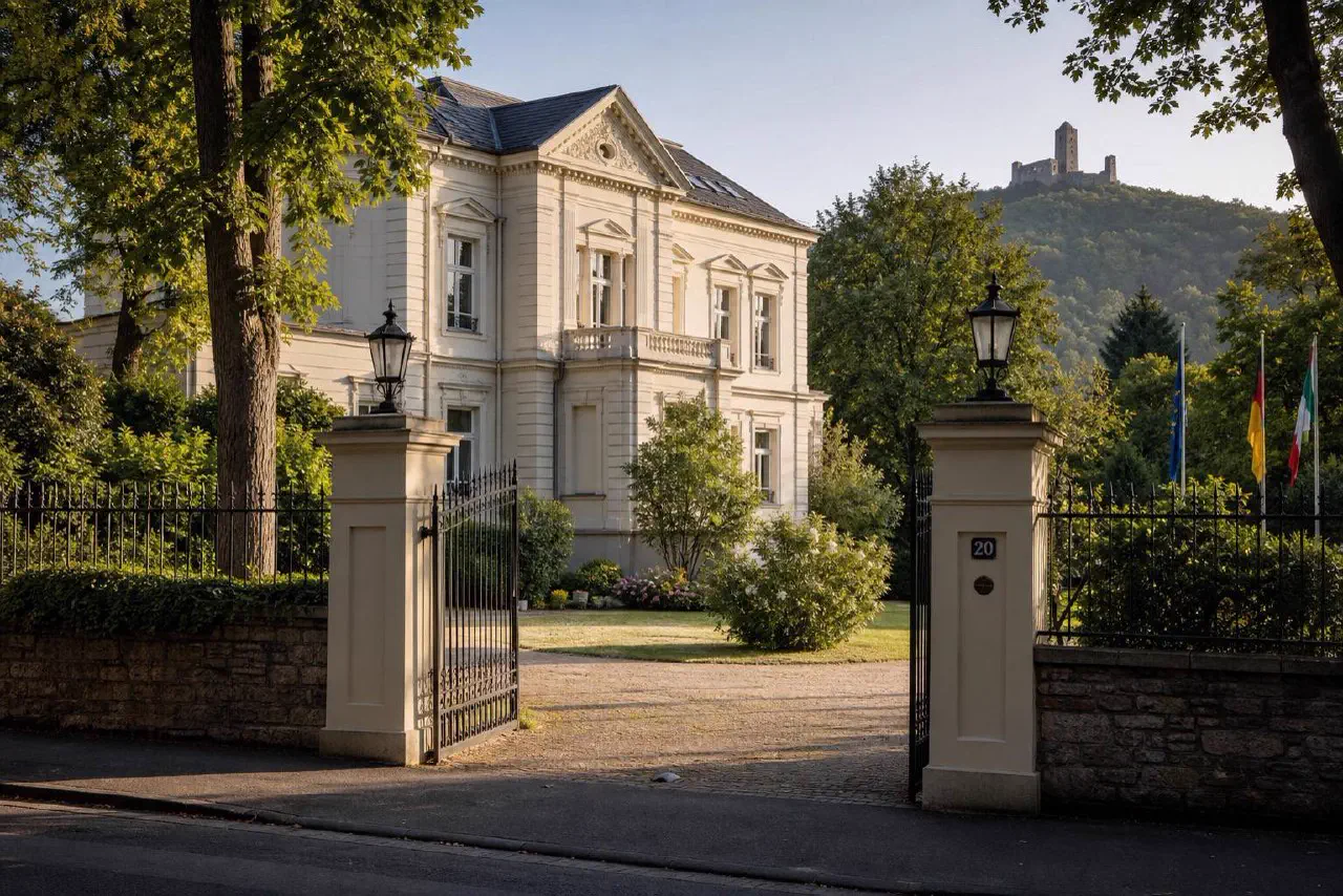 Herrschaftliche Botschafts-Villa an der Plittersdorfer Straße in Bonn-Bad Godesberg, Rhododendren im Vorgarten und Kurort-Atmosphäre des ehemaligen Diplomatenviertels