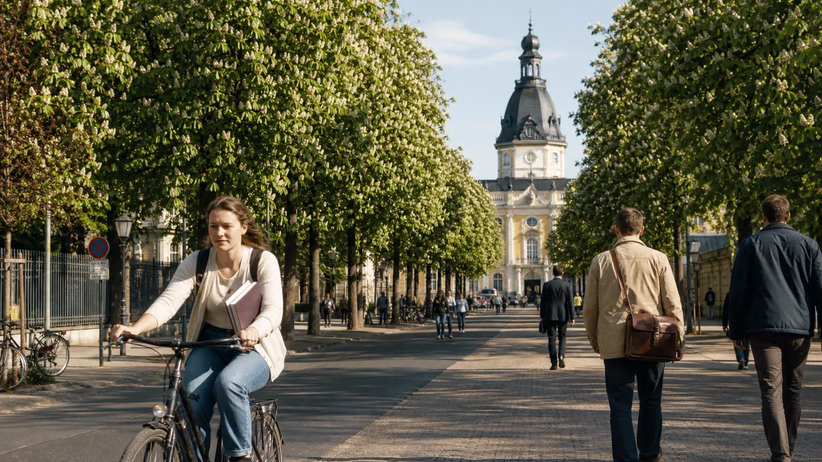 Poppelsdorfer Schloss mit Allee zum Hofgarten und gründerzeitliche Akademiker-Altbauten am Bonner Talweg, blühende Kirschbäume des Botanischen Gartens im Vordergrund