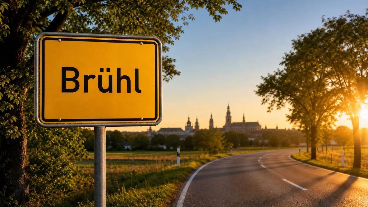 Ortsschild Brühl mit Stadtkulisse, fotorealistische Darstellung im warmen Tageslicht