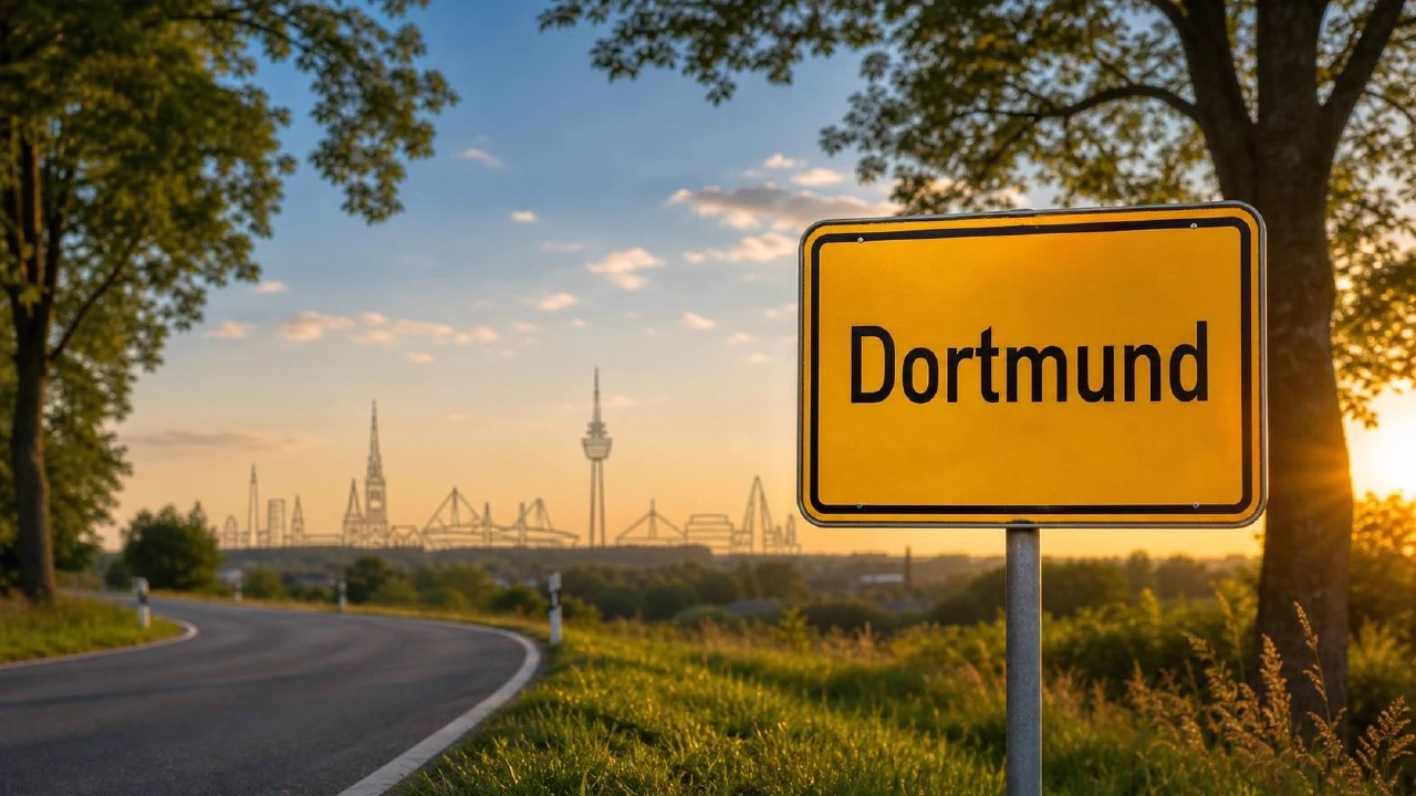 Ortsschild Dortmund mit Stadtkulisse, fotorealistische Darstellung im warmen Tageslicht