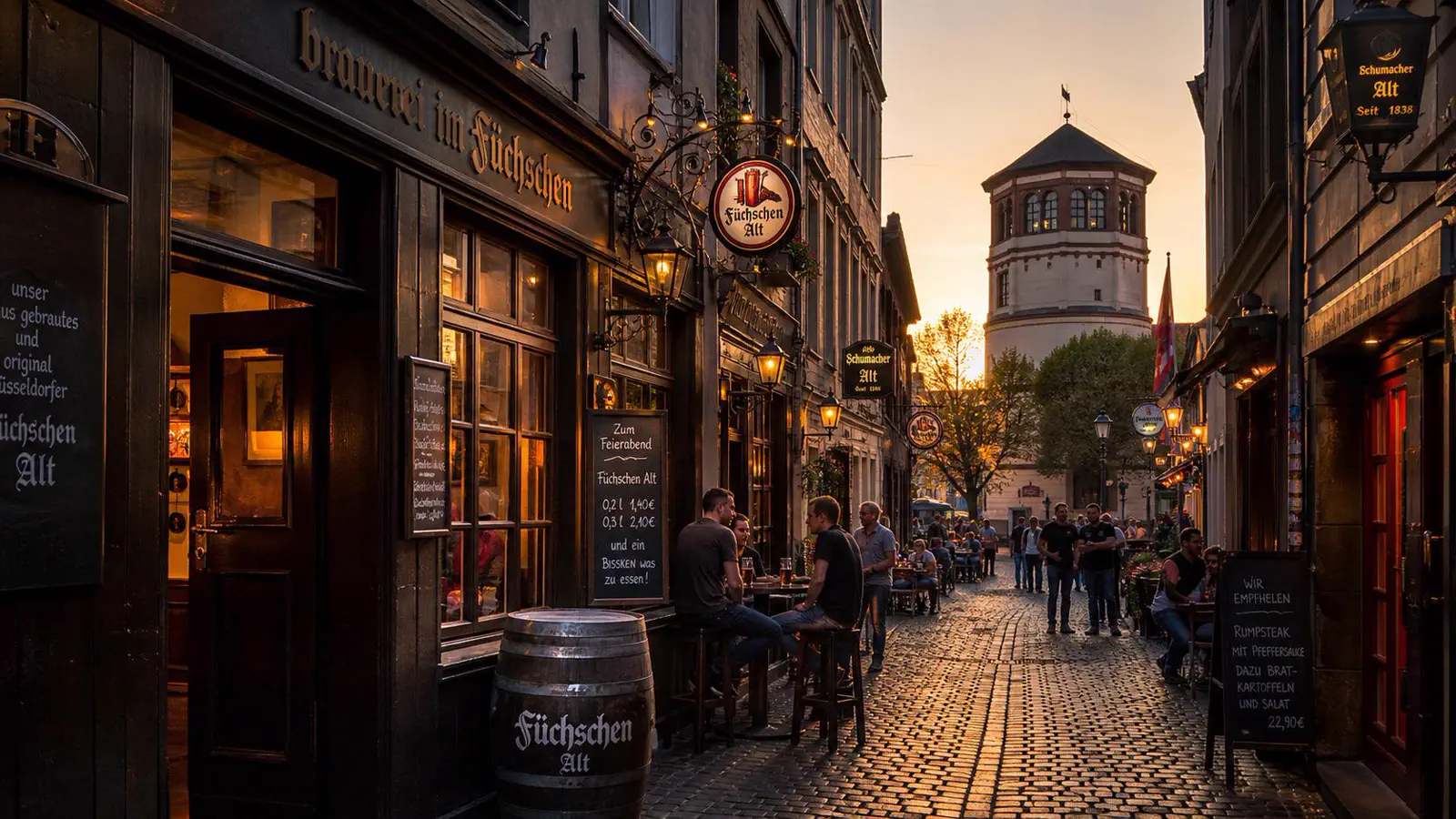 Bolkerstraße in der Düsseldorfer Altstadt am frühen Morgen, schiefer Turm der Lambertuskirche im Hintergrund und schmale Kopfsteinpflaster-Gasse vor Brauhaus-Öffnung