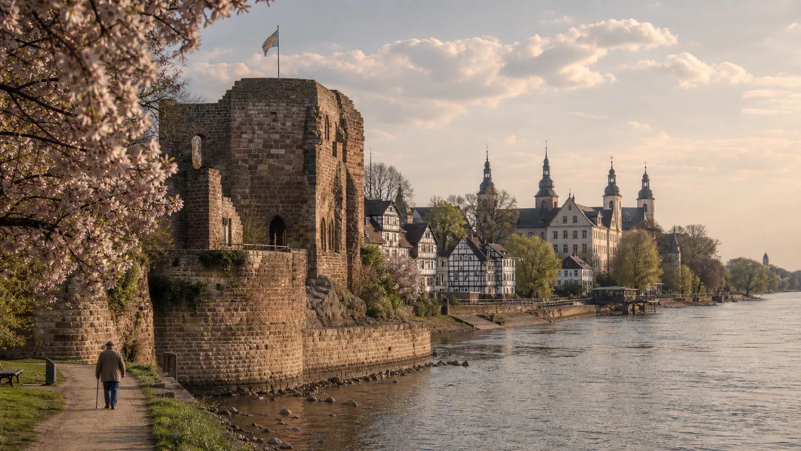 Kaiserpfalz-Ruine am Rheinufer in Düsseldorf-Kaiserswerth mit fast tausendjährigem Mauerwerk, dahinter St.-Suitbertus-Basilika und dörflicher Ortskern mit Klemensplatz