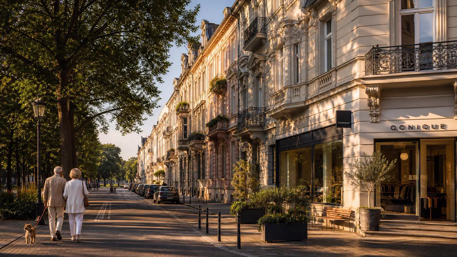 Schadowstraße in Düsseldorf-Pempelfort mit eleganten Boutiquen, Hofgarten-Allee und gehobene Gründerzeit-Etagen mit Stuck-Fassaden in der frühen Morgensonne