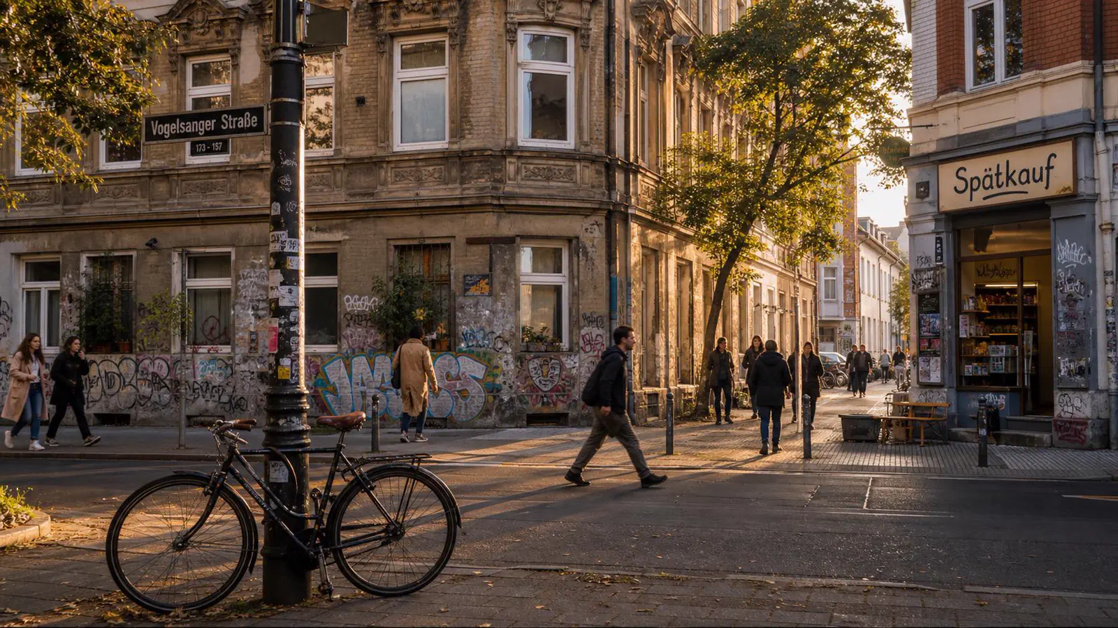 Vogelsanger Straße in Köln-Ehrenfeld im Abendlicht, Gründerzeit-Altbauten mit Graffiti-Akzenten, Spätkauf-Eckladen und charakteristische Multikulti-Atmosphäre des Veedels