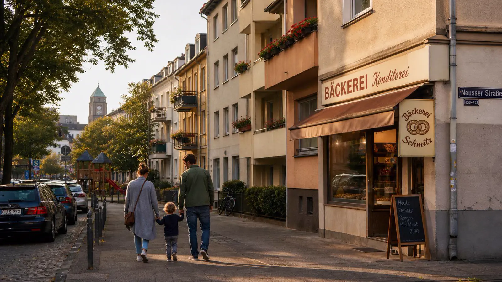 Wochenmarkt am Wilhelmplatz in Köln-Nippes, bürgerliche Mehrfamilienhäuser der fünfziger Jahre und ruhige Wohnstraßen mit Vorgärten im klassischen Familien-Veedel