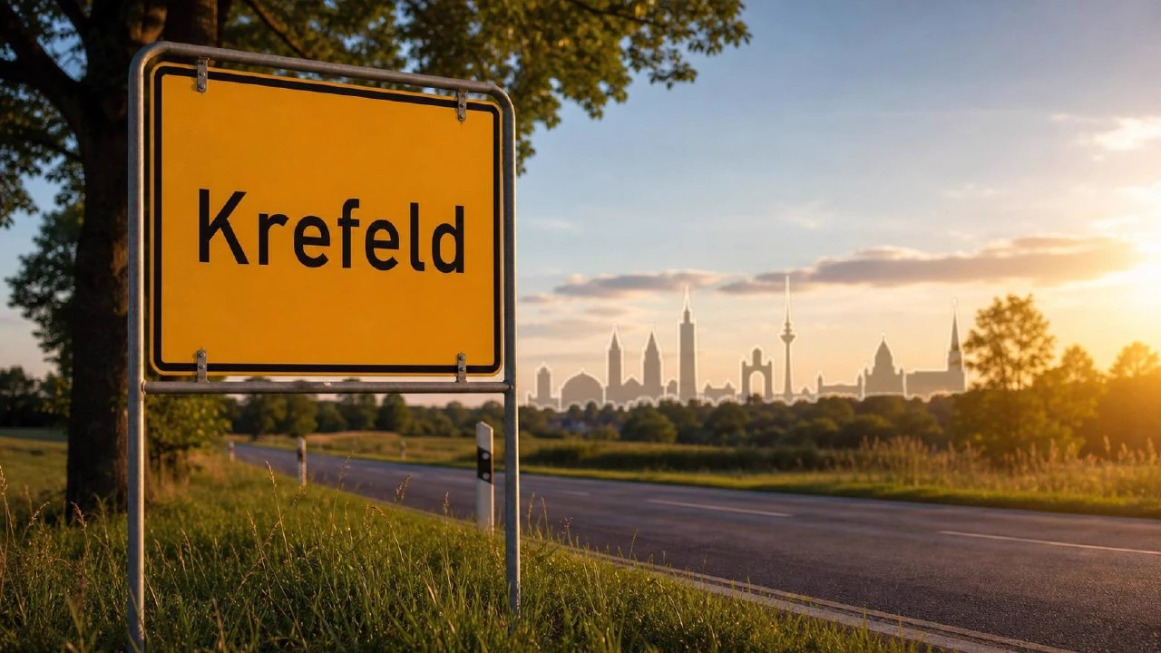 Stadtschild Krefeld in goldener Stunde, im Hintergrund stilisierte Architektur-Silhouette
