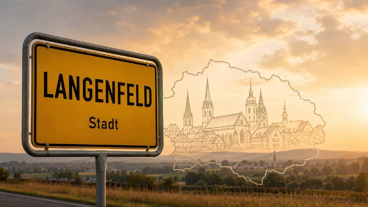 Ortseingangsschild Langenfeld im Sonnenuntergangslicht, davor charakteristische Skyline-Andeutung