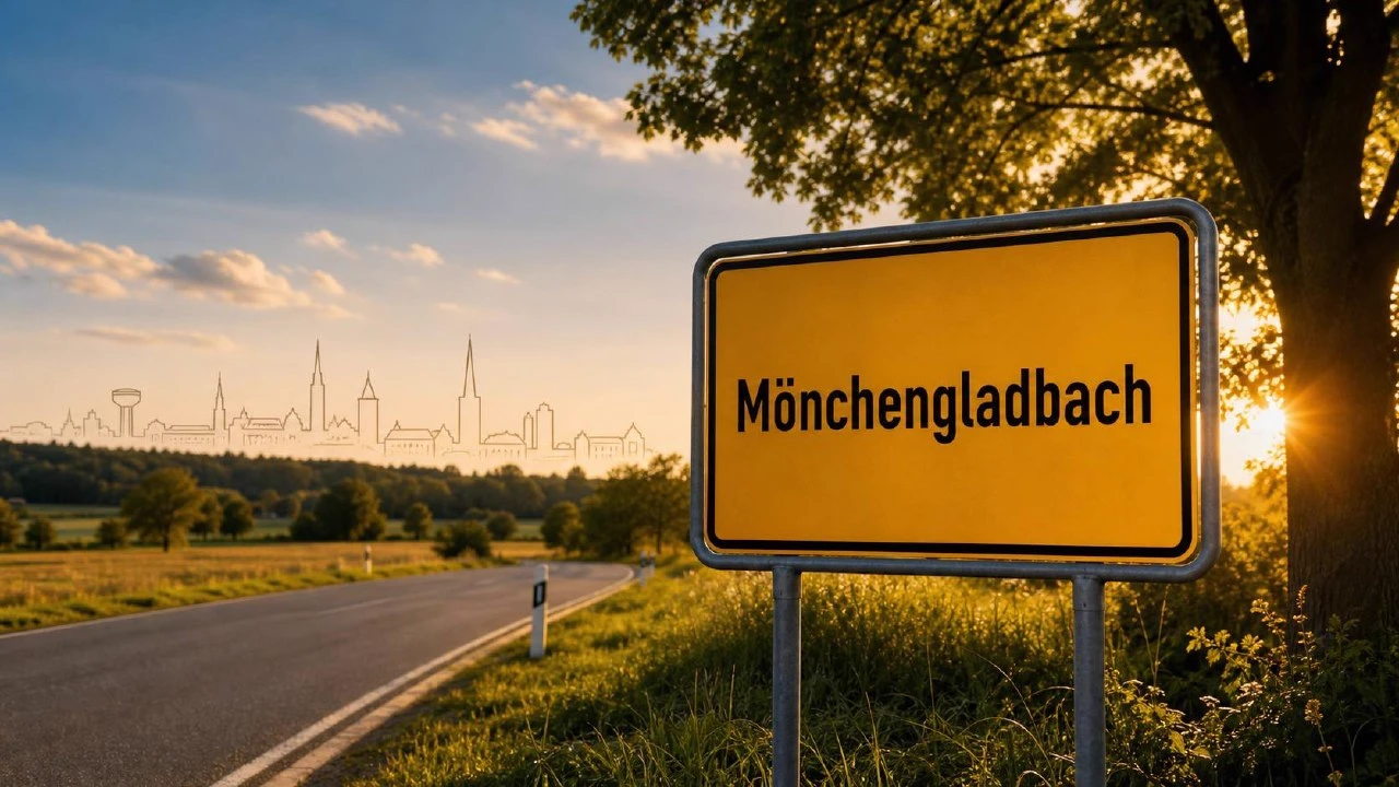 Gelbes Stadtschild von Mönchengladbach vor weicher Abendlandschaft, BESENMANN-Einsatzgebiet