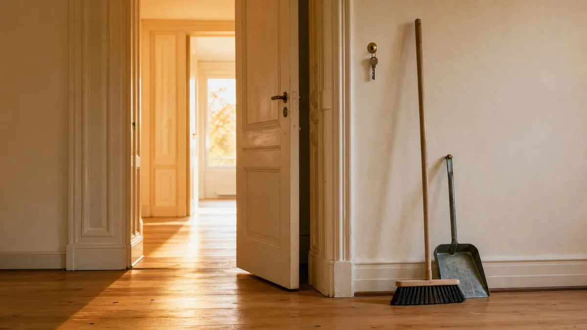 Leere Altbauwohnung mit offener Tür, Schlüssel am Messinghaken und Besen mit Kehrblech an der Wand, warmes Tageslicht