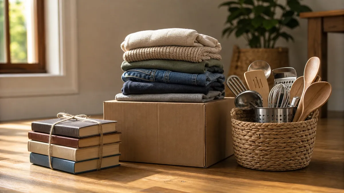 Sortierter Stapel zum Spenden: gefaltete Kleidung auf einem Karton, gebundener Bücherstapel und ein Korb mit Küchenutensilien