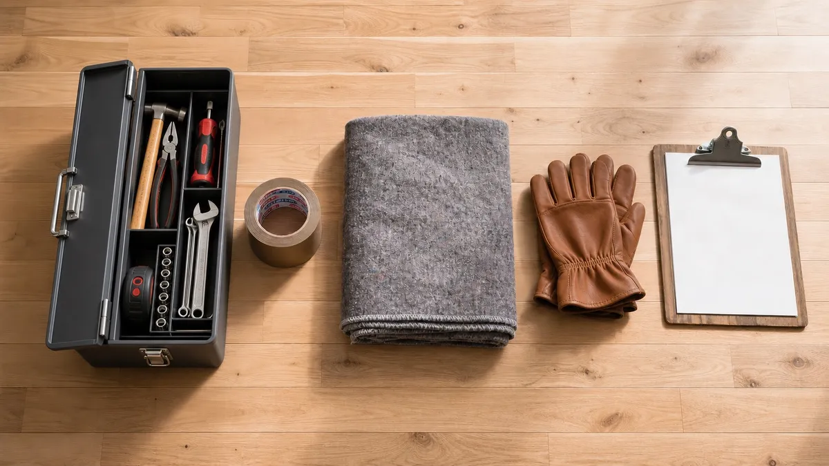 Werkzeugkasten, Klebeband, gefaltete Umzugsdecke, Lederhandschuhe und Klemmbrett ordentlich nebeneinander auf einem Holzboden