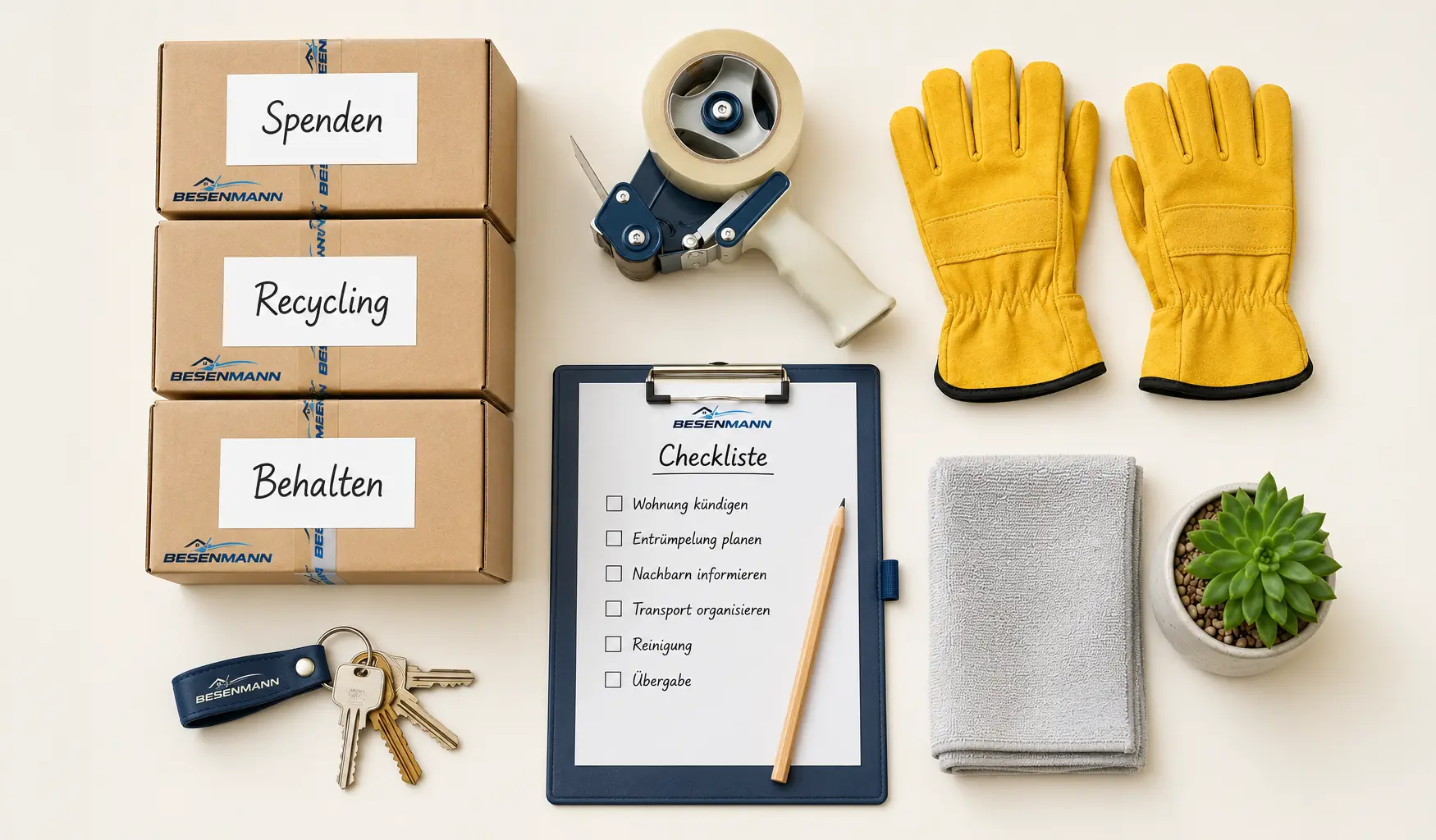 Flatlay einer Haushaltsauflösung von oben: drei sortierte Kartons mit den Aufschriften Spenden, Recycling und Behalten, daneben gelbe Arbeitshandschuhe, Klebebandroller, eine Checkliste mit Stift, Schlüsselbund am Lederband, Mikrofasertuch und eine kleine grüne Topfpflanze auf hellem Cremehintergrund