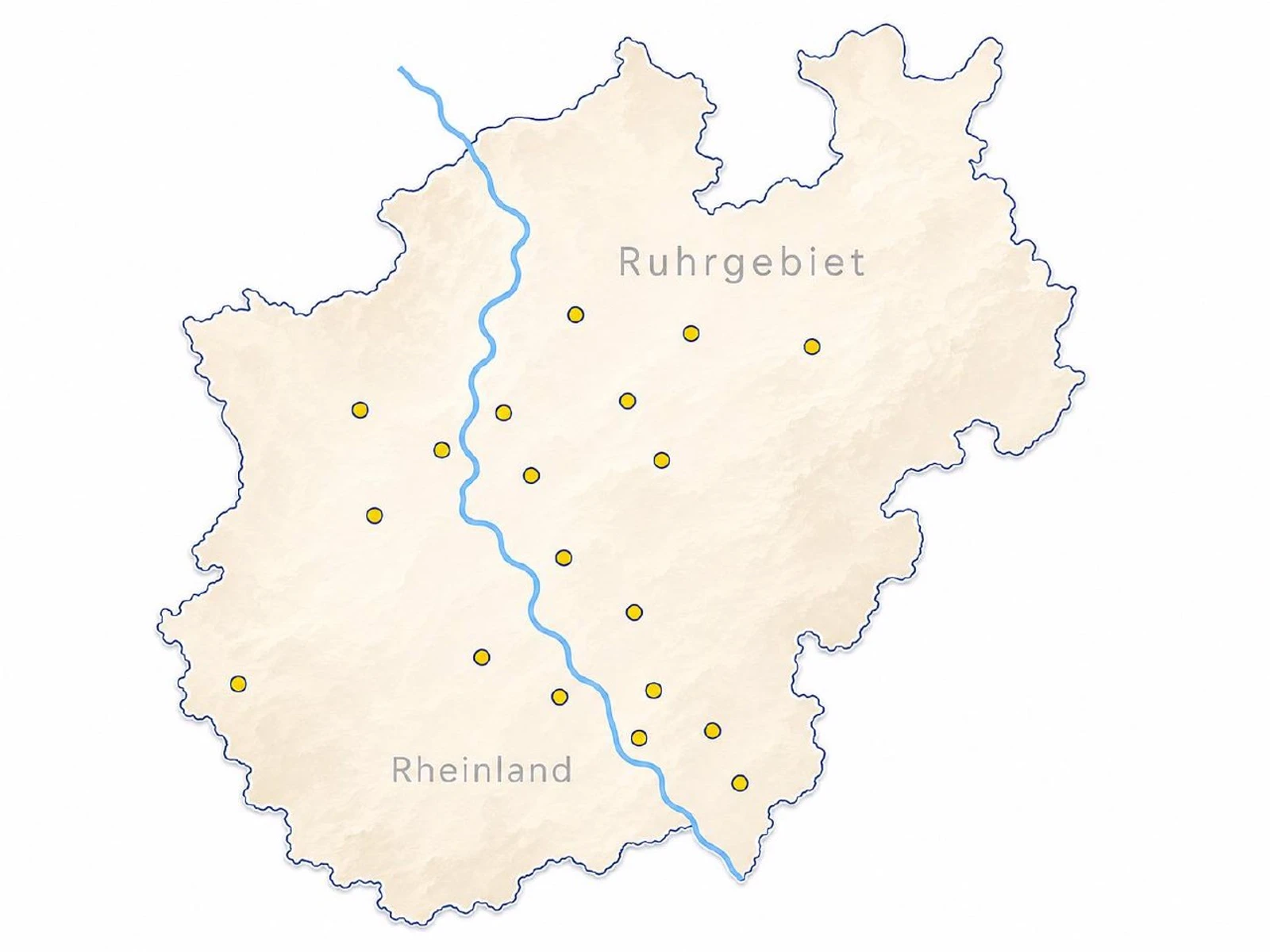 Karte von Nordrhein-Westfalen mit gelben Markierungen für die zwanzig BESENMANN-Schwerpunkt-Einsatzorte im Rheinland und Ruhrgebiet. Eine vollständige Liste der markierten Städte finden Sie weiter unten auf der Seite.
