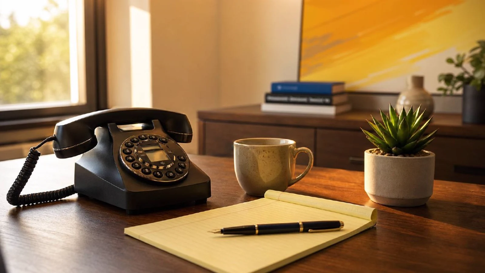 Warmer Schreibtisch im Abendlicht mit klassischem Telefon, gelbem Notizblock und Füller, Kaffeetasse, kleiner Sukkulente und gelber Wand-Akzent, Sinnbild für die persönliche, ruhige Erreichbarkeit von BESENMANN