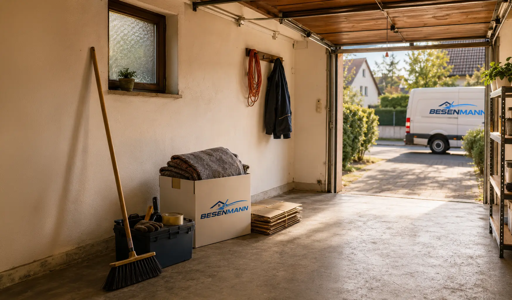 Frisch geräumte Garage mit gelbem Besen, navy-blauer Werkzeugkiste und sorgfältig gebündelten Kartons, durch die offene Tür fällt warmes Tageslicht, Sinnbild für eine sauber abgeschlossene Entrümpelung