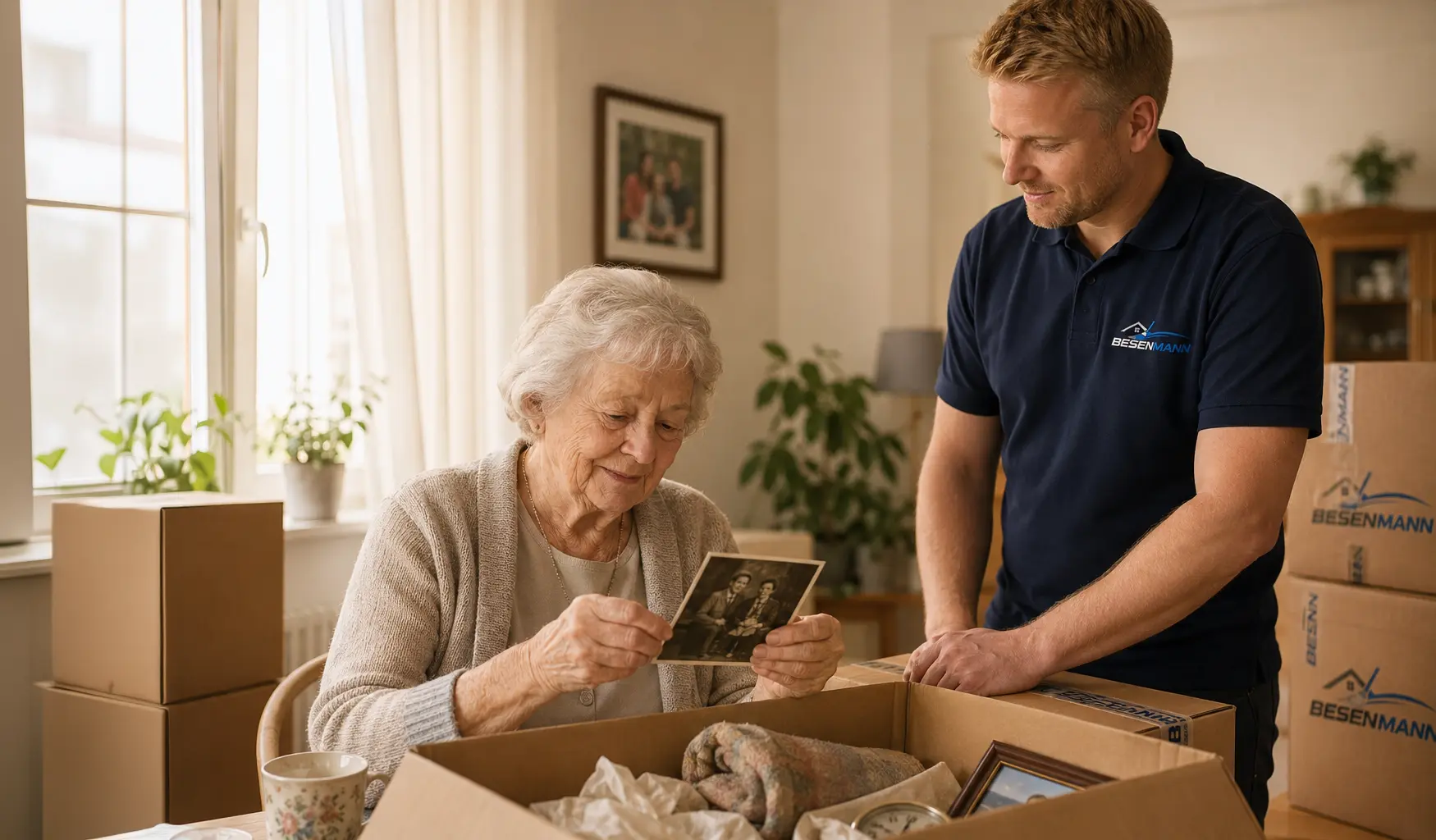 Warme, einfühlsame Szene eines Senioren-Umzugs: eine ältere Person sitzt mit einem alten Foto in den Händen vor teilweise gepackten Kartons in einer hellen Wohnung mit Spitzengardine, im Hintergrund respektvoll wartender BESENMANN-Mitarbeiter, goldenes Nachmittagslicht
