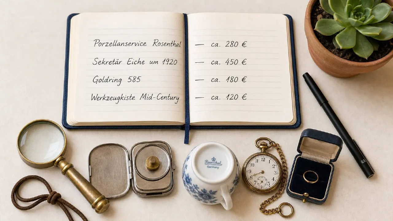 Aufgeschlagenes Notizbuch mit handgeschriebener Wertgegenstandsliste (Porzellanservice Rosenthal, Sekretär Eiche um 1920, Goldring 585, Werkzeugkiste Mid-Century mit Euro-Schätzwerten), daneben Messing-Lupe, alte Porzellantasse, Taschenuhr, Schmuckschatulle mit Goldring und Sukkulente auf hellem Untergrund, Sinnbild für die transparente Wertgegenstands-Anrechnung