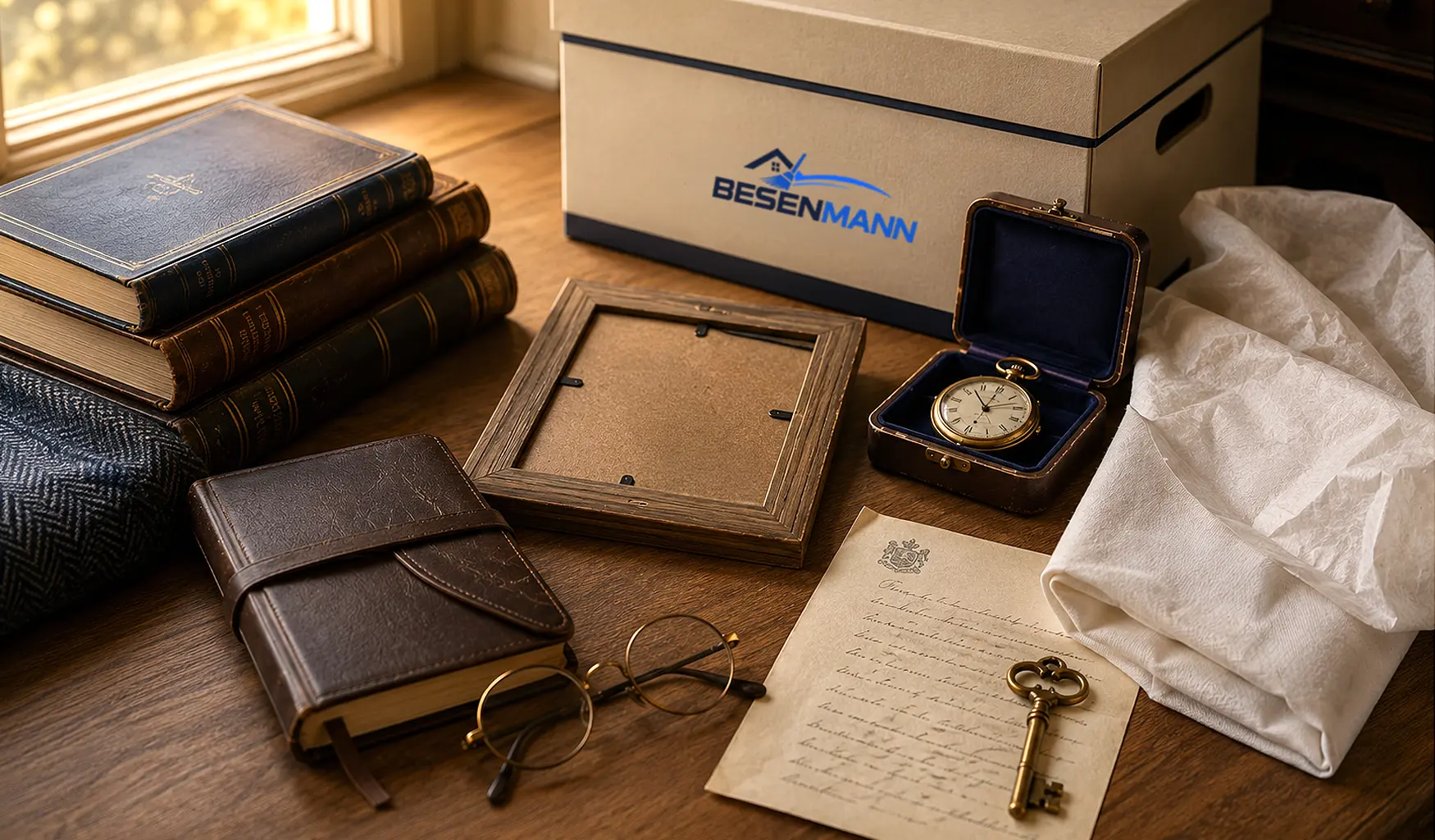 Stillleben aus persönlichen Erinnerungsstücken auf einem alten Schreibtisch: gestapelte Bücher, ein umgedrehter Bilderrahmen, eine Taschenuhr in der Samtschatulle, ein altes Tagebuch mit Lesebrille, ein Messingschlüssel und ein Spitzentaschentuch im warmen Licht