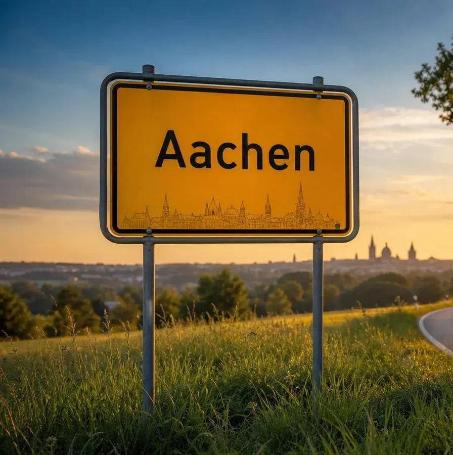 Gelbes Ortseingangsschild von Aachen im Sonnenuntergangslicht, Markierung im BESENMANN-Einsatzgebiet Nordrhein-Westfalen