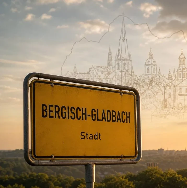 Gelbes Ortseingangsschild von Bergisch Gladbach im Sonnenuntergangslicht, Markierung im BESENMANN-Einsatzgebiet Nordrhein-Westfalen