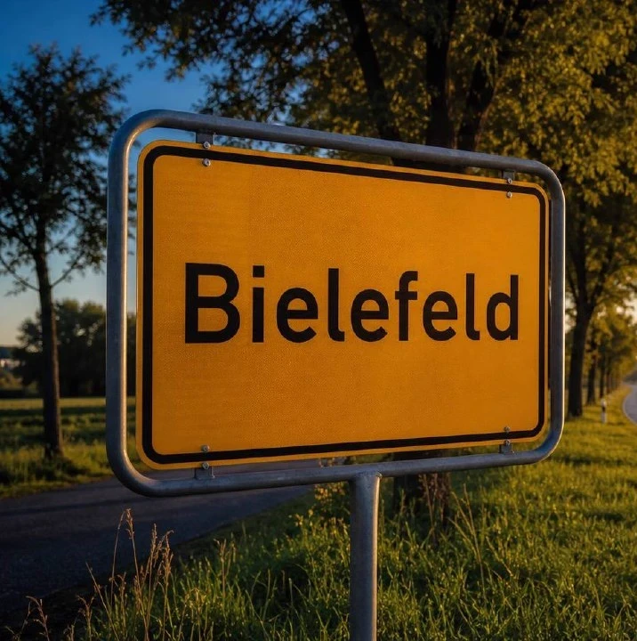 Gelbes Ortseingangsschild von Bielefeld im Sonnenuntergangslicht, Markierung im BESENMANN-Einsatzgebiet Nordrhein-Westfalen