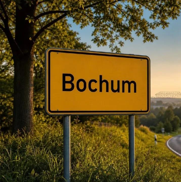 Gelbes Ortseingangsschild von Bochum im Sonnenuntergangslicht, Markierung im BESENMANN-Einsatzgebiet Nordrhein-Westfalen