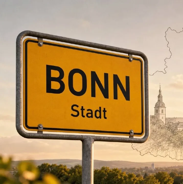 Gelbes Ortseingangsschild von Bonn im Sonnenuntergangslicht, Markierung im BESENMANN-Einsatzgebiet Nordrhein-Westfalen