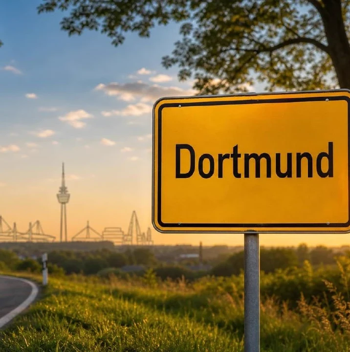 Gelbes Ortseingangsschild von Dortmund im Sonnenuntergangslicht, Markierung im BESENMANN-Einsatzgebiet Nordrhein-Westfalen