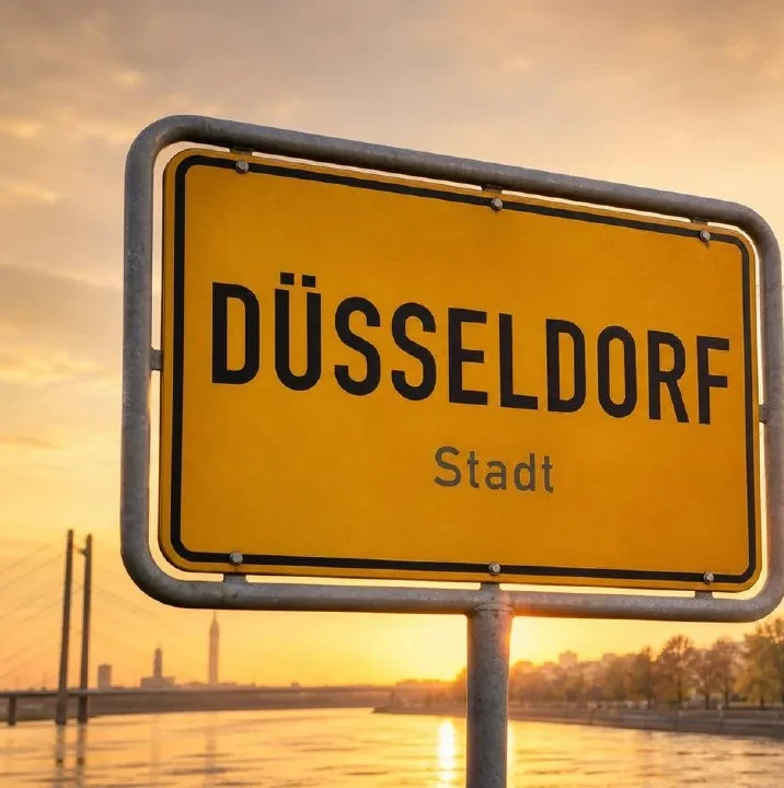 Gelbes Ortseingangsschild von Düsseldorf im Sonnenuntergangslicht, Markierung im BESENMANN-Einsatzgebiet Nordrhein-Westfalen