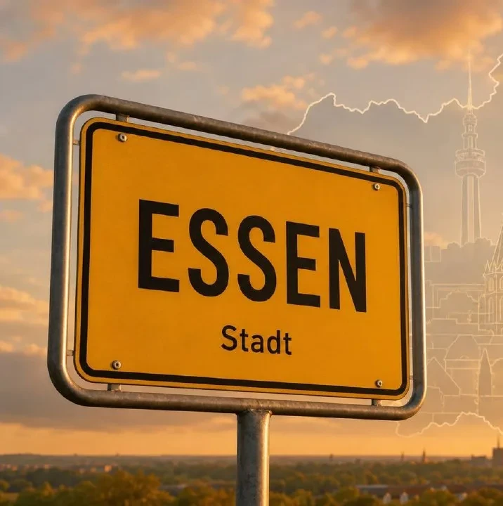 Gelbes Ortseingangsschild von Essen im Sonnenuntergangslicht, Markierung im BESENMANN-Einsatzgebiet Nordrhein-Westfalen