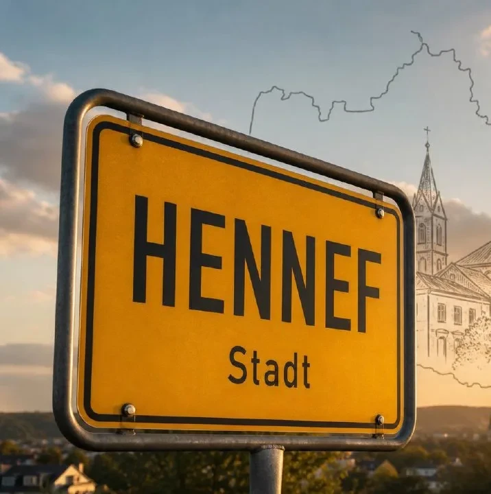 Gelbes Ortseingangsschild von Hennef im Sonnenuntergangslicht, Markierung im BESENMANN-Einsatzgebiet Nordrhein-Westfalen