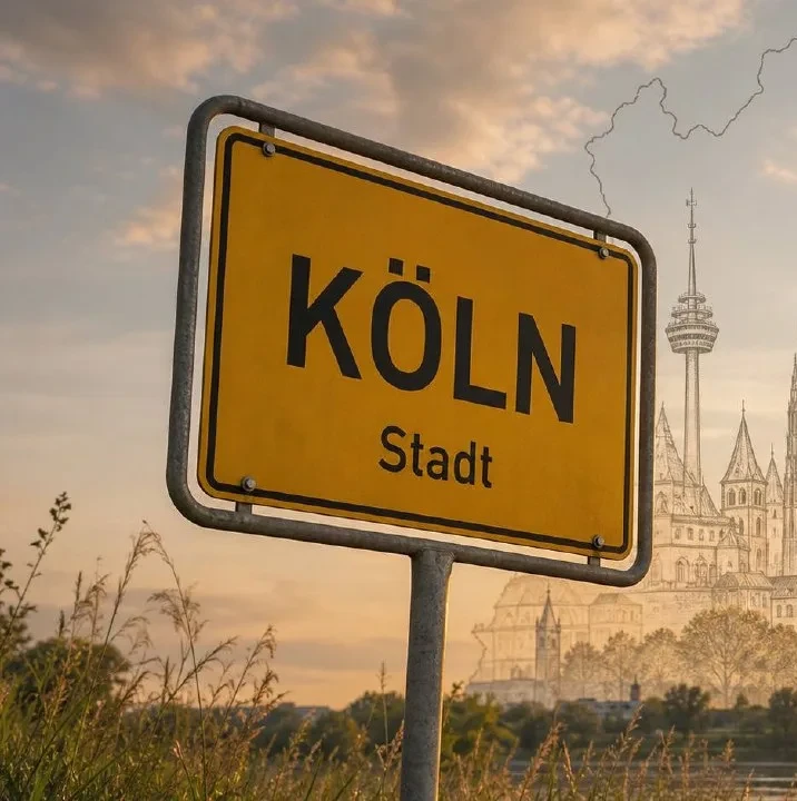 Gelbes Ortseingangsschild von Köln im Sonnenuntergangslicht, Markierung im BESENMANN-Einsatzgebiet Nordrhein-Westfalen