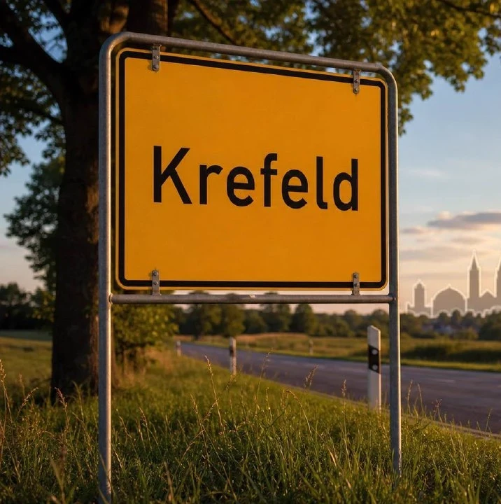 Gelbes Ortseingangsschild von Krefeld im Sonnenuntergangslicht, Markierung im BESENMANN-Einsatzgebiet Nordrhein-Westfalen