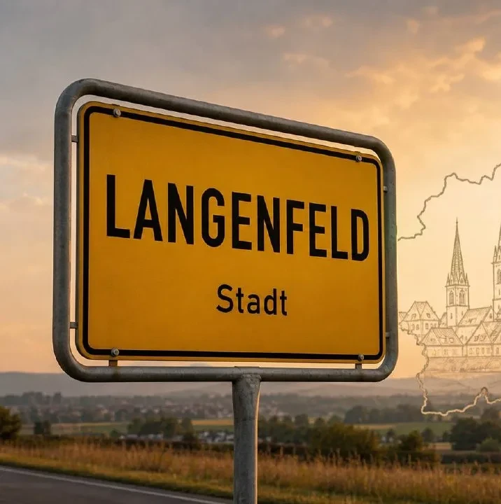 Gelbes Ortseingangsschild von Langenfeld im Sonnenuntergangslicht, Markierung im BESENMANN-Einsatzgebiet Nordrhein-Westfalen