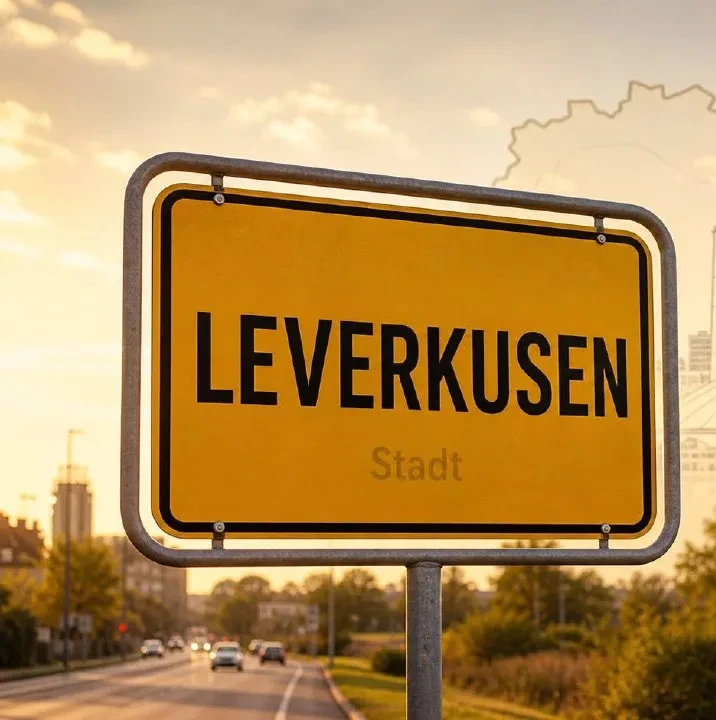 Gelbes Ortseingangsschild von Leverkusen im Sonnenuntergangslicht, Markierung im BESENMANN-Einsatzgebiet Nordrhein-Westfalen