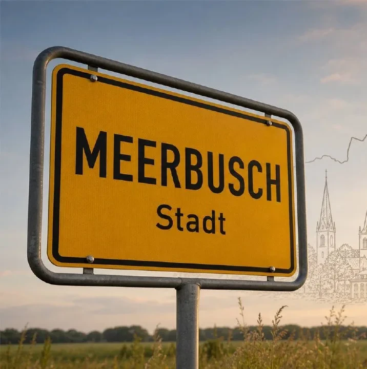Gelbes Ortseingangsschild von Meerbusch im Sonnenuntergangslicht, Markierung im BESENMANN-Einsatzgebiet Nordrhein-Westfalen