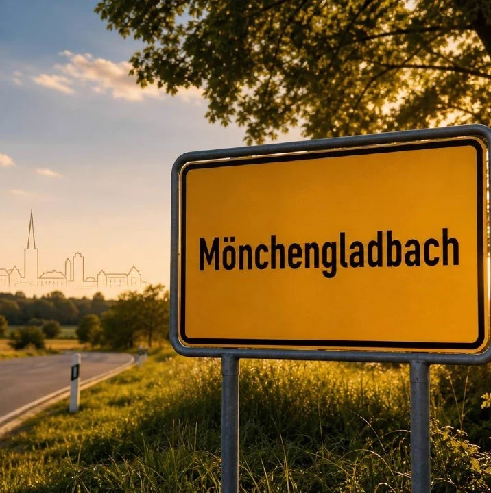 Gelbes Ortseingangsschild von Mönchengladbach im Sonnenuntergangslicht, Markierung im BESENMANN-Einsatzgebiet Nordrhein-Westfalen