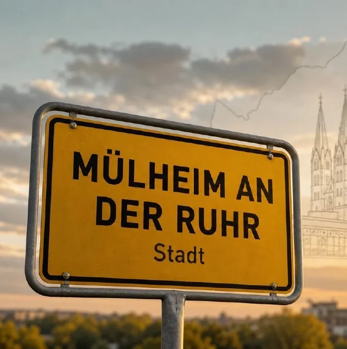 Gelbes Ortseingangsschild von Mülheim an der Ruhr im Sonnenuntergangslicht, Markierung im BESENMANN-Einsatzgebiet Nordrhein-Westfalen