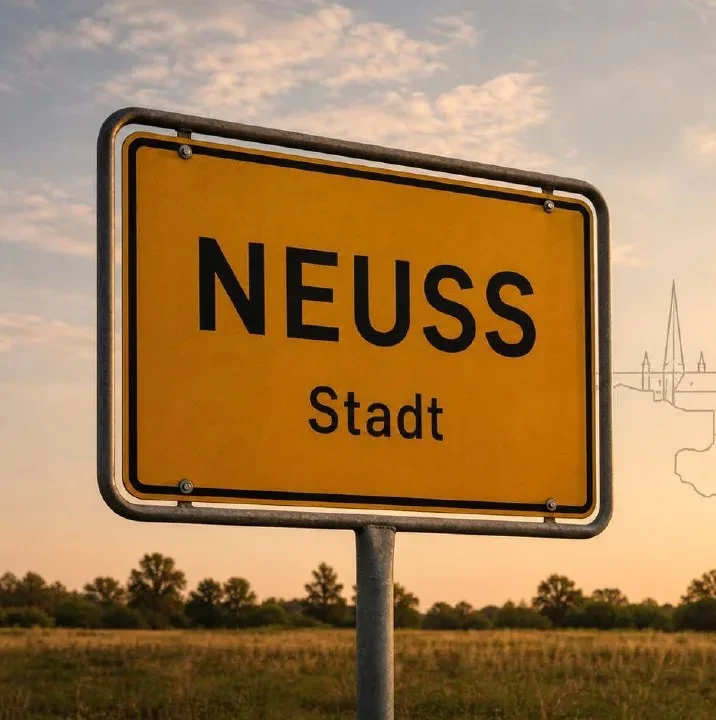 Gelbes Ortseingangsschild von Neuss im Sonnenuntergangslicht, Markierung im BESENMANN-Einsatzgebiet Nordrhein-Westfalen