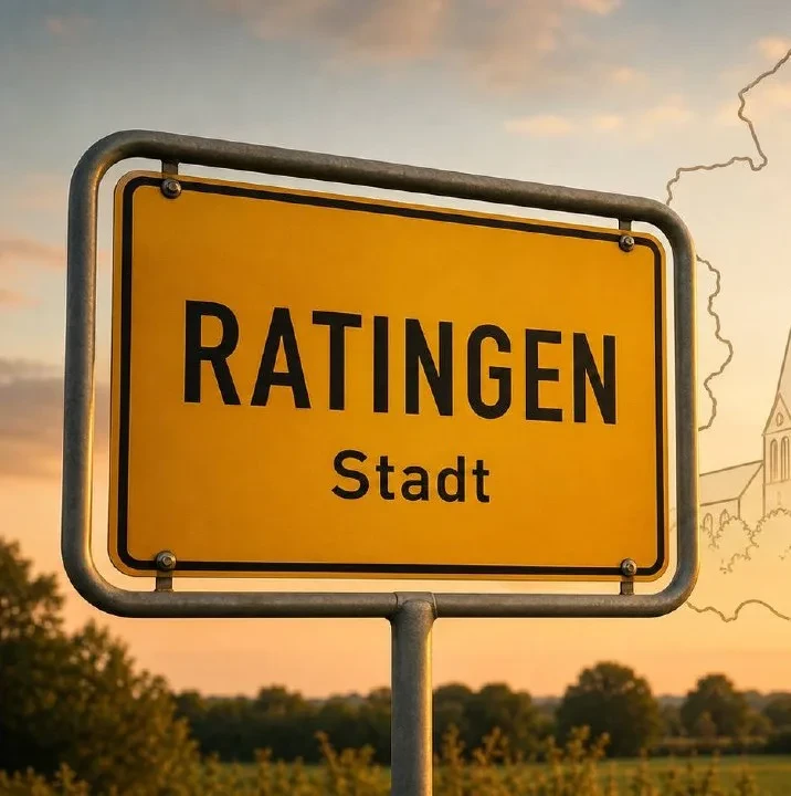 Gelbes Ortseingangsschild von Ratingen im Sonnenuntergangslicht, Markierung im BESENMANN-Einsatzgebiet Nordrhein-Westfalen