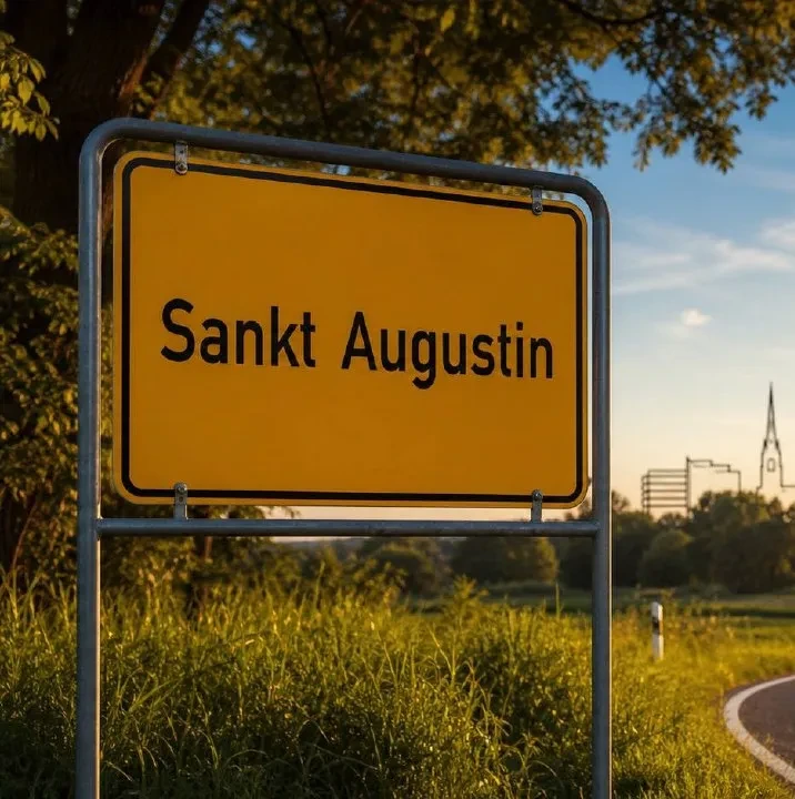 Gelbes Ortseingangsschild von Sankt Augustin im Sonnenuntergangslicht, Markierung im BESENMANN-Einsatzgebiet Nordrhein-Westfalen