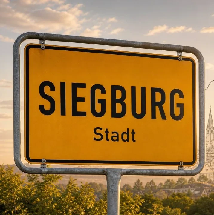 Gelbes Ortseingangsschild von Siegburg im Sonnenuntergangslicht, Markierung im BESENMANN-Einsatzgebiet Nordrhein-Westfalen