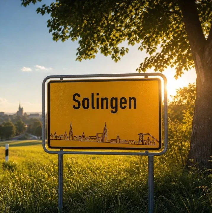 Gelbes Ortseingangsschild von Solingen im Sonnenuntergangslicht, Markierung im BESENMANN-Einsatzgebiet Nordrhein-Westfalen