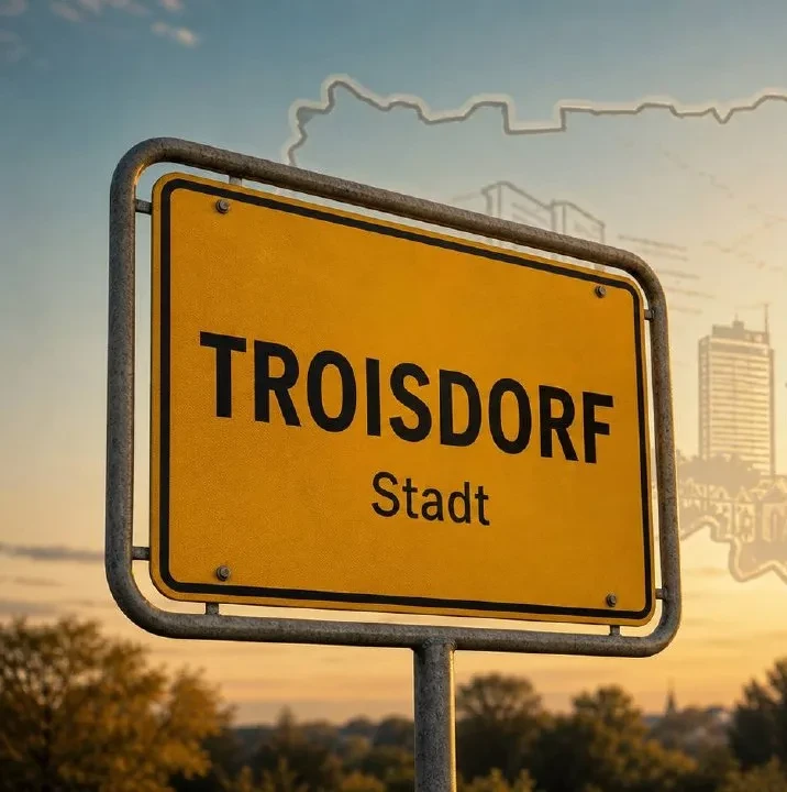Gelbes Ortseingangsschild von Troisdorf im Sonnenuntergangslicht, Markierung im BESENMANN-Einsatzgebiet Nordrhein-Westfalen