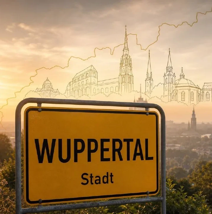Gelbes Ortseingangsschild von Wuppertal im Sonnenuntergangslicht, Markierung im BESENMANN-Einsatzgebiet Nordrhein-Westfalen