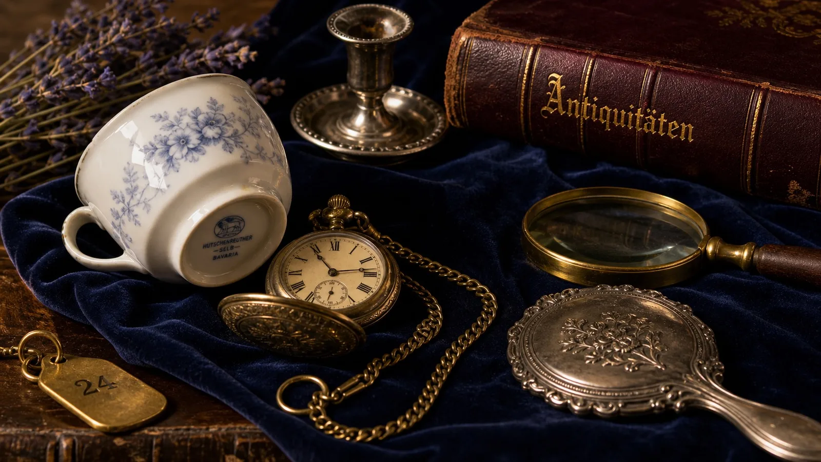 Stillleben mit klassischen Antiquitäten: alte Taschenuhr, Porzellantasse mit Punze, ledergebundenes Buch, Messingleuchter und Lupe auf dunklem Samt, weiches warmes Licht, Sinnbild für eine sachkundige Wertbestimmung