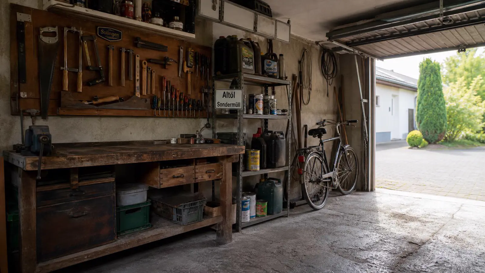 Vollgestellte Garage mit Werkbank, alten Ölkanistern, Autoreifen und Werkzeug an der Wand, Sinnbild für jahrzehntelang gewachsene Sammelstücke im typischen NRW-Haushalt