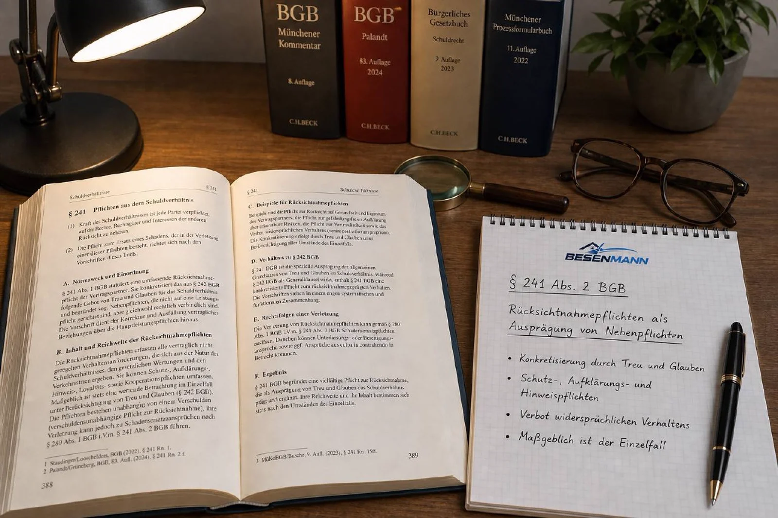 Schreibtisch eines Berufsbetreuers mit aufgeschlagenem BGB-Kommentar, einer Reihe juristischer Kommentare im Hintergrund (Münchener Kommentar, Palandt, BGB, Prozessformularbuch), Lupe, Lesebrille, BESENMANN-Notizblock mit handschriftlichen Notizen und Messingleuchte im warmen Tageslicht, Sinnbild für die sorgfältige Prüfung von Haftungsfragen nach § 1833 BGB