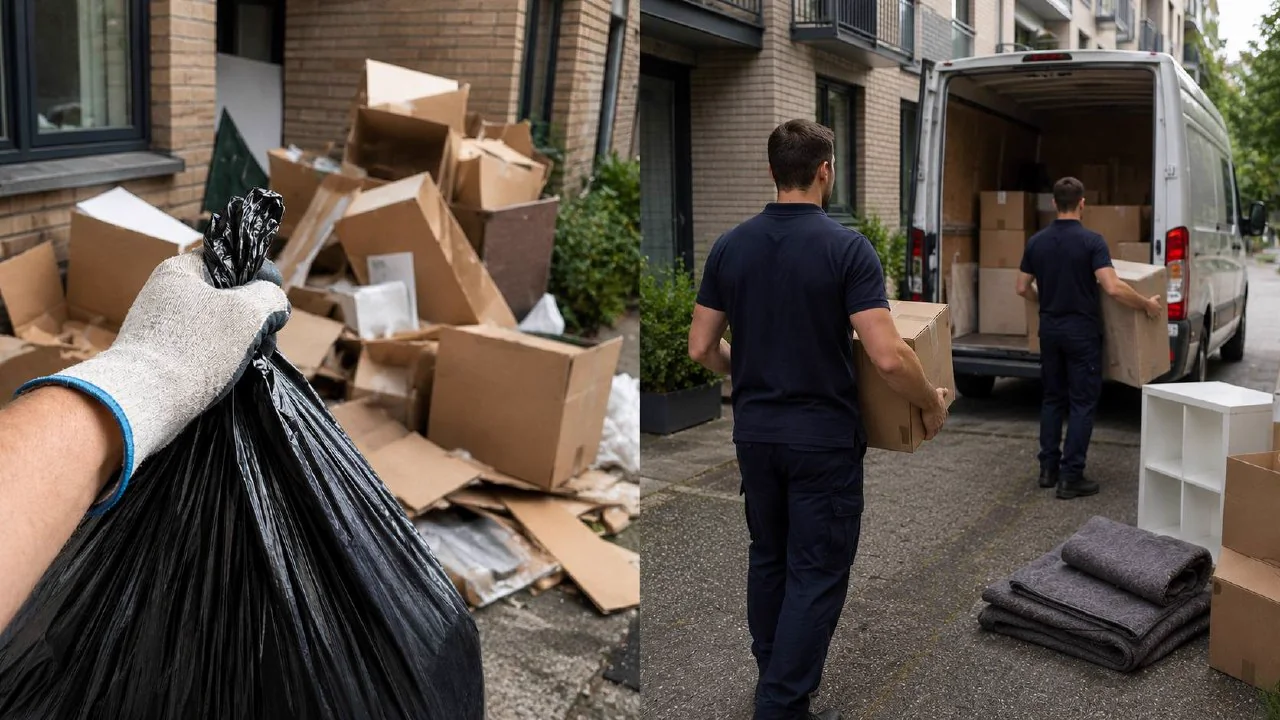 Symbolische Aufnahme: links eine einzelne Hand mit Arbeitshandschuh und Müllbeutel, rechts ein professionelles Räumungs-Team mit Transporter im Hintergrund, Sinnbild für die Entscheidung zwischen DIY und professioneller Entrümpelung